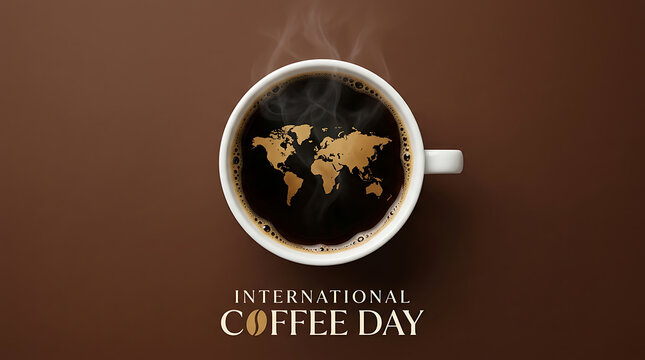 A steaming white cup of black coffee featuring a world map pattern on the surface against a solid brown background with ceramic cup