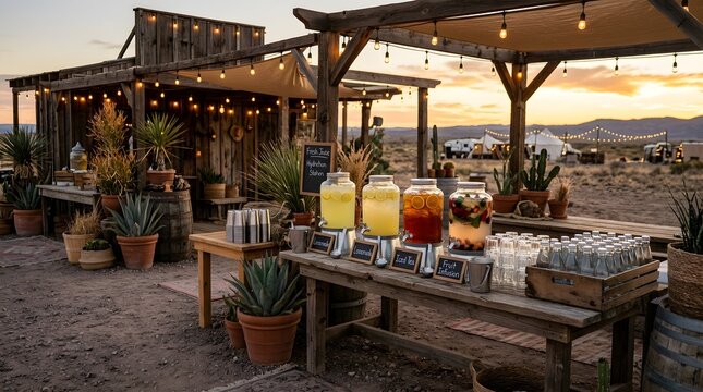 Marfa Lights Festival Outdoor Desert Festival Refreshment Station with Lemonade and Iced Tea Dispensers at Sunset, Rustic Event Catering Setup with String Lights