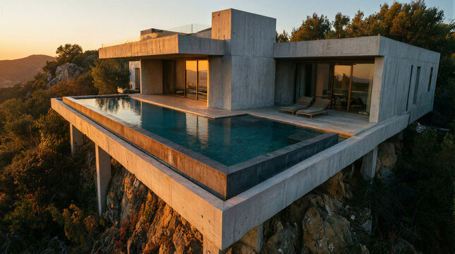 Cliffside terrace villa featuring minimalist concrete architecture and a dramatic double infinity pool split across two levels under warm golden light