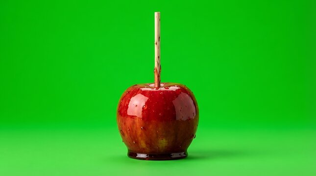 A glossy red candy apple on a wooden stick isolated on green background