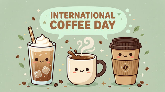 Three cute coffee cups with smiling faces and steam on a light green background for international coffee day celebration with animated coffee containers