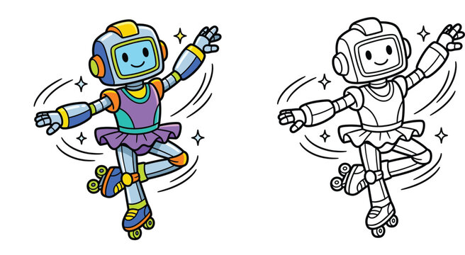 Cute robot ballerina skating on roller skates, vector cartoon illustration set, colorful character and black and white coloring page for kids, technology and dance concept, isolated background