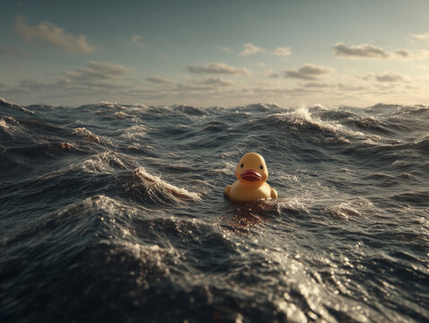 Lonely Rubber Duck Facing the Waves at Sea