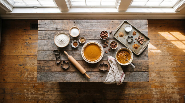 Wide flat-lay view capturing a whole kitchen island with an uncut pumpkin pie