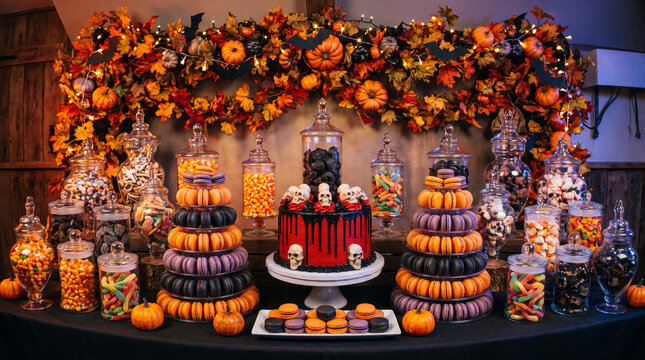 Wide-angle shot of a complete Halloween dessert buffet table, showing all tiered stands with macarons, whole drip cake