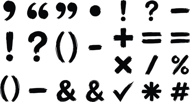 Black ink brush stroke punctuation mark set with question exclamation quotation question mark and math symbol vector collection