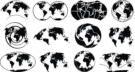 Global geography map projection grid and atlas sphere silhouette collection vector illustration graphic design elements set © Sojol