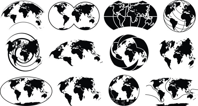 Global geography map projection grid and atlas sphere silhouette collection vector illustration graphic design elements set