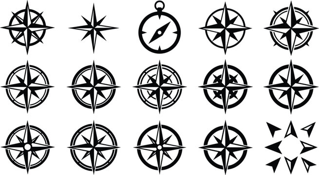 Nautical compass rose and marine navigation star silhouette illustration collection for maritime adventure graphic design