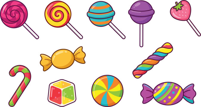 Colorful candy and lollipop vector set with cute sweet treats