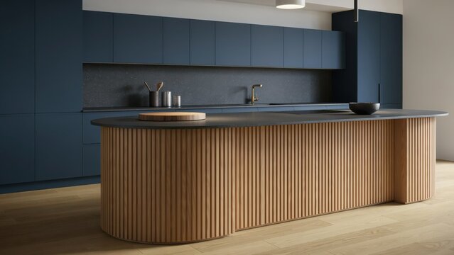 Contemporary kitchen interior featuring a large curved wooden island with vertical slats and dark navy blue cabinetry in a minimalist home