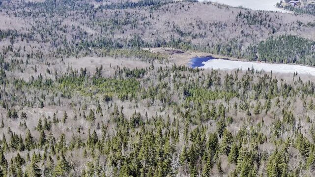 defaultAerial view of winding road along frozen lake in Quebec with forest and mountains under blue sky. g.