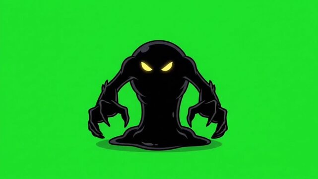 Black slime monster with glowing yellow eyes on a green screen background