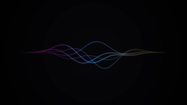 Siri voice waveform animation with colorful light lines on dark abstract background. Suitable for tech, communication, and sound concepts.