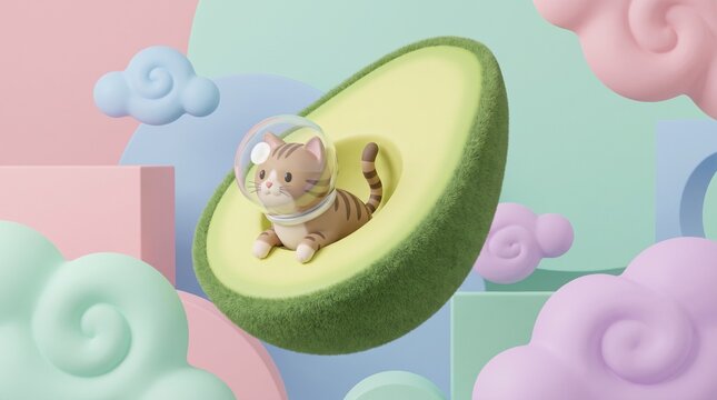 3D cute tabby cat wearing space astronaut helmet inside avocado seed hole surrounded by pastel clouds