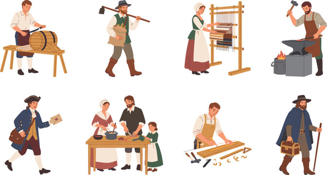 Medieval historical occupations set featuring blacksmith, weaver, cooper, carpenter, farmer, messenger, and artisan characters