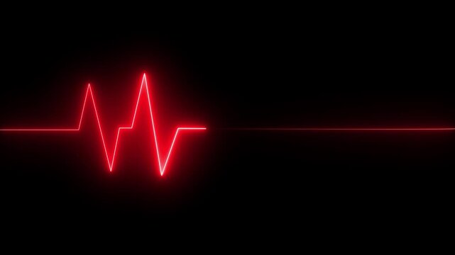 Glowing neon red heart pulsating with electrocardiogram line on black background medical cardiology health 4K  motion animation.