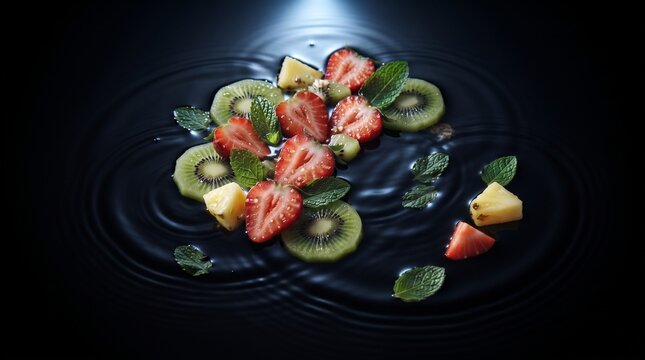 Top-Down Colorful Pattern of Sliced Strawberries, Pineapple and Kiwi with Mint Leaves on Geometric Pastel Background
