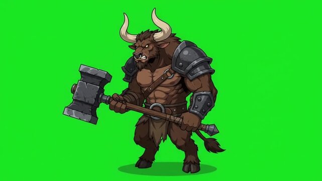 Minotaur warrior with a large hammer on a green screen background