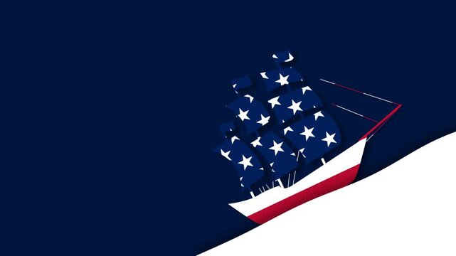 Animated Columbus Day Graphic with American Flag Sailing Ship on Blue Background.