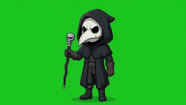 Chibi plague doctor character with skull staff on green screen background
