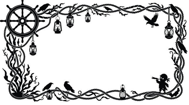 Haloween border Nautical pirate border with ship wheel and lanterns. Gothic vine frame with crows and ravens. Dark maritime silhouette vector. isolated on White Background editable eps