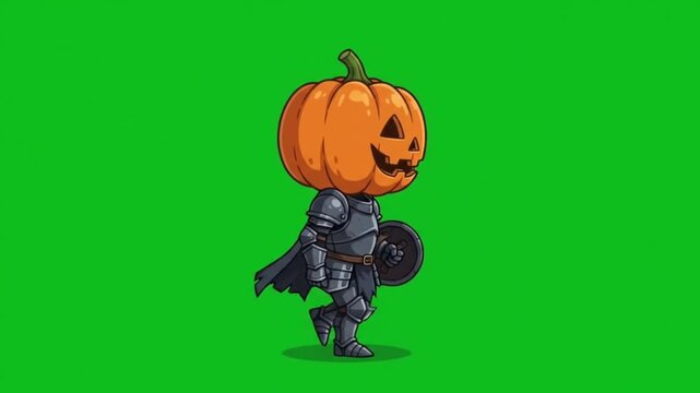 Chibi pumpkin head knight character walking in armor isolated on green screen background