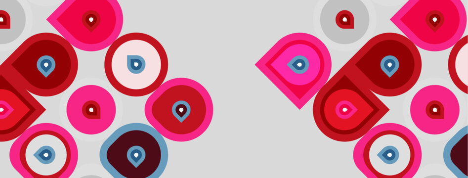 Abstract pattern features overlapping circles, varying shades pink, red, blue. Minimalist design with central dots within shapes.