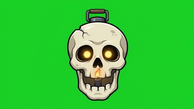 Cartoon skull lantern with glowing eyes and candle flame on green screen background