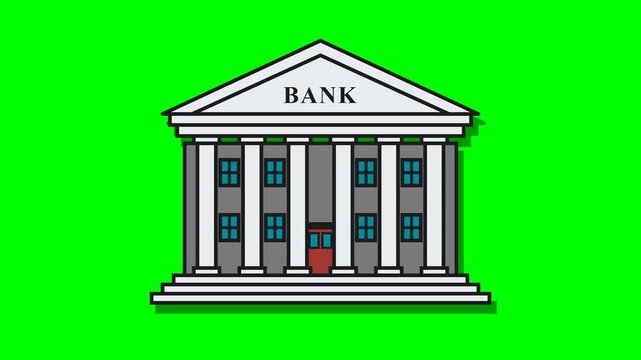 Animated classical bank building illustration isolated on chroma key green screen background
