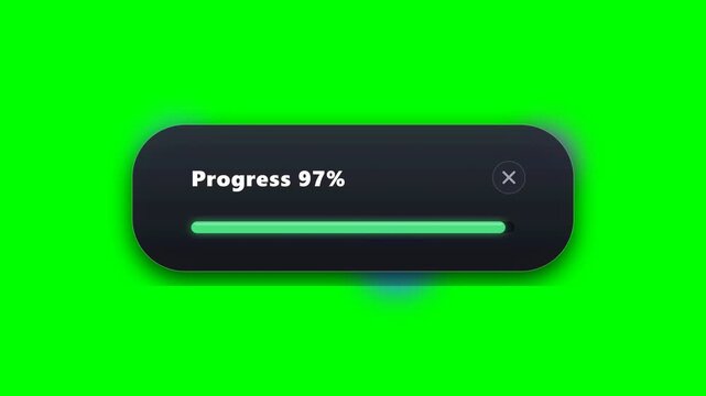 Progress loading bar UI element showing 97 percent completion for data ingestion reveal animation on green screen background