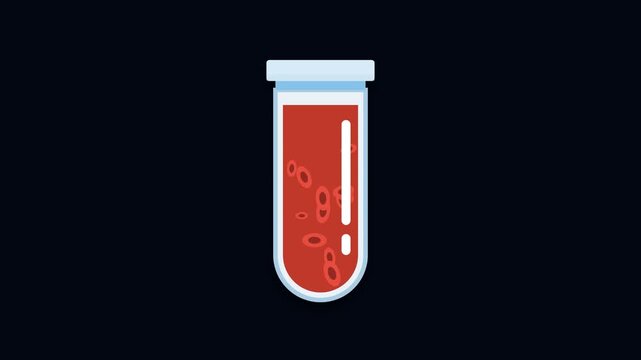Vector illustration of a medical glass test tube with red blood sample containing cells isolated on dark background