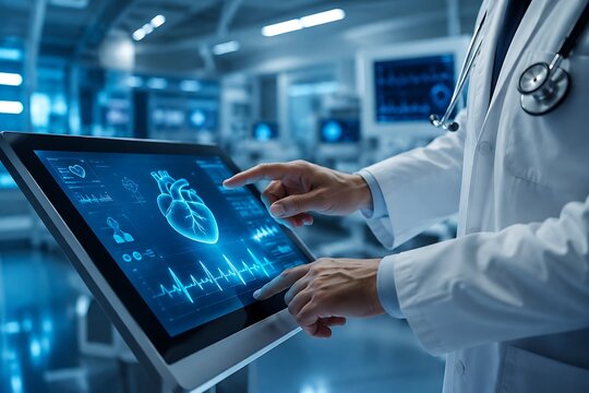 Doctor using digital touchscreen to analyze human heart data in a modern hospital lab.