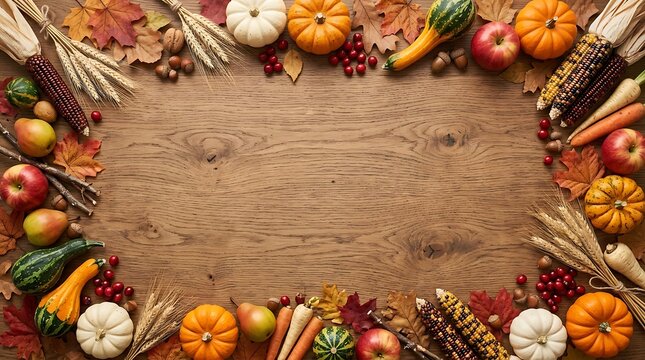 A bountiful thanksgiving harvest display featuring pumpkins gourds apples and wheat sheaves arranged around a rustic wooden background symbolizing gratitude and abundance