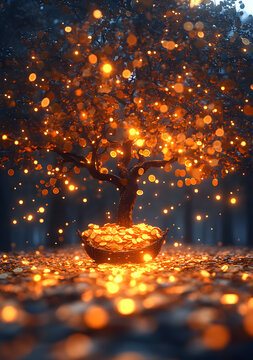 Magical Glowing Autumn Tree Surrounded by Golden Light