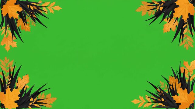 Halloween border frame with black foliage and orange autumn leaves on green screen video