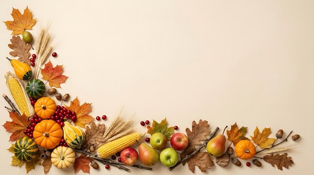 A bountiful and vibrant thanksgiving corner arrangement featuring pumpkins gourds apples corn and colorful autumn leaves symbolizing gratitude and the harvest season