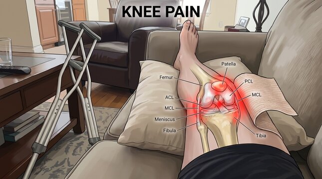 Person with knee pain on a couch with crutches with knee highlighted living room person lies pain areas meniscus anatomy medical patella with injury