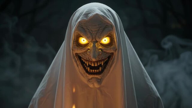 A terrifying ghost figure wearing a white sheet and a sinister mask with glowing yellow eyes, holding a lit jackolantern in a dark forest