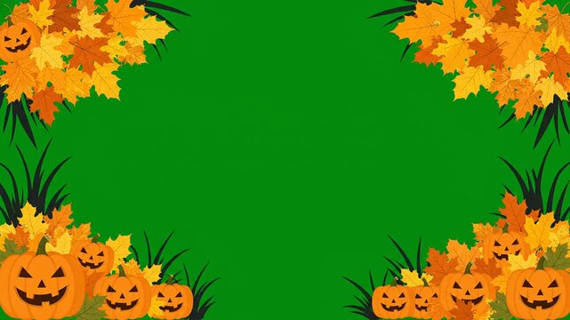 Halloween pumpkin border with autumn leaves and green screen chromakey background for seasonal holiday video overlay design projects.