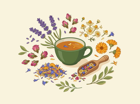 Vector illustration of a green cup of herbal tea surrounded by dried botanical ingredients including lavender, rosebuds, chamomile, and calendula with a wooden scoop of flower petals.