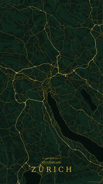 Dark emerald green and gold vector road map of Zurich, Switzerland, featuring Lake Zurich, the Limmat River, major highways, and urban street networks.