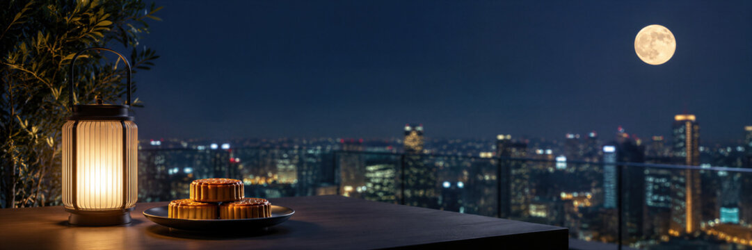 Mooncakes on plate with lantern on table against night city skyline and full moon. Mid Autumn festival celebration on rooftop terrace. Banner with copy space