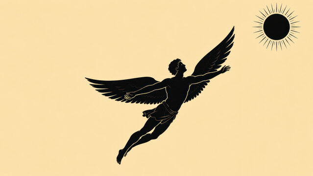 Greek Mythology in Silhouette &mdash; Icarus Flying with Wings Toward the Sun in a Minimalist Ancient Greek Composition