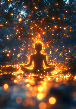 Meditating Person Surrounded by Magical Golden Light in Nature