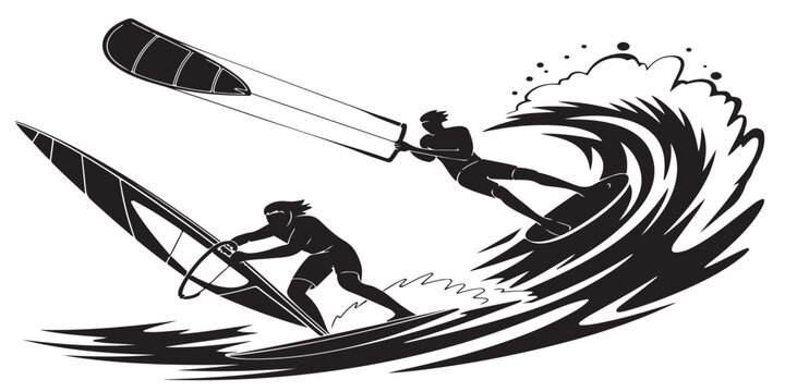 Windsurfer and kite surfer vector silhouette riding ocean waves