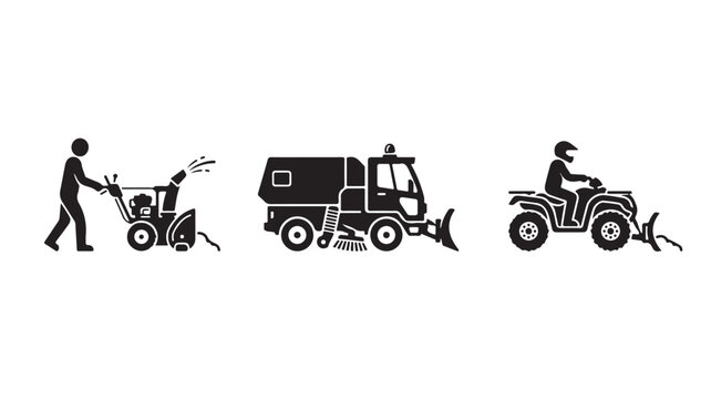 Snow removal equipment and municipal winter vehicle vector icons set