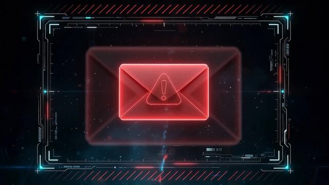 Futuristic HUD interface with glowing red email warning alert icon, cyber security threat concept animation