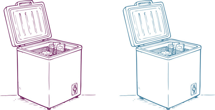 Ice Maker Machine Illustration. Portable Ice Cube Generator With Open Lid. Sketch Style Portable Freezer. Technology Outline Vector Icon For Commercial Use
