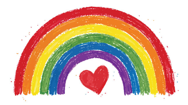 Vibrant rainbow vector illustration featuring textured crayon strokes and a singular red heart centered beneath the colorful arching pride symbol